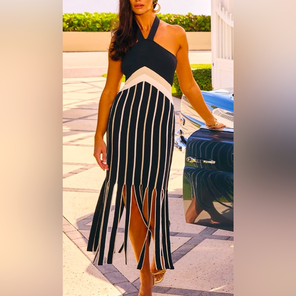 Ramy Brook Campbell Panel Fringe Black, White, Beige Stripe Knit Halter Dress XS - Picture 11 of 14